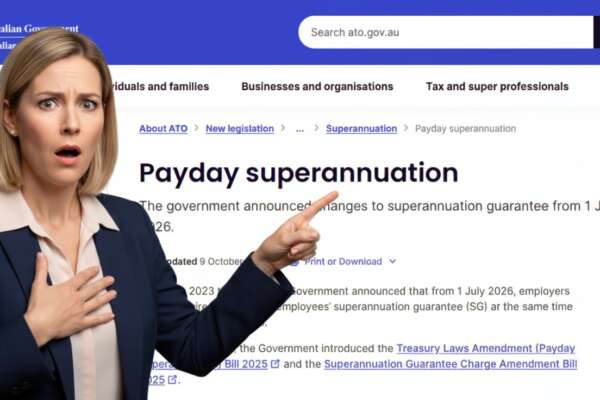 Shocked businesswoman reacting to ATO payday superannuation changes for KeyPoint Accountants blog post.