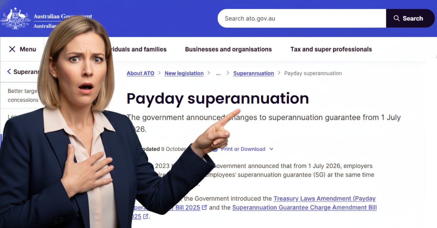 Shocked businesswoman reacting to ATO payday superannuation changes for KeyPoint Accountants blog post.