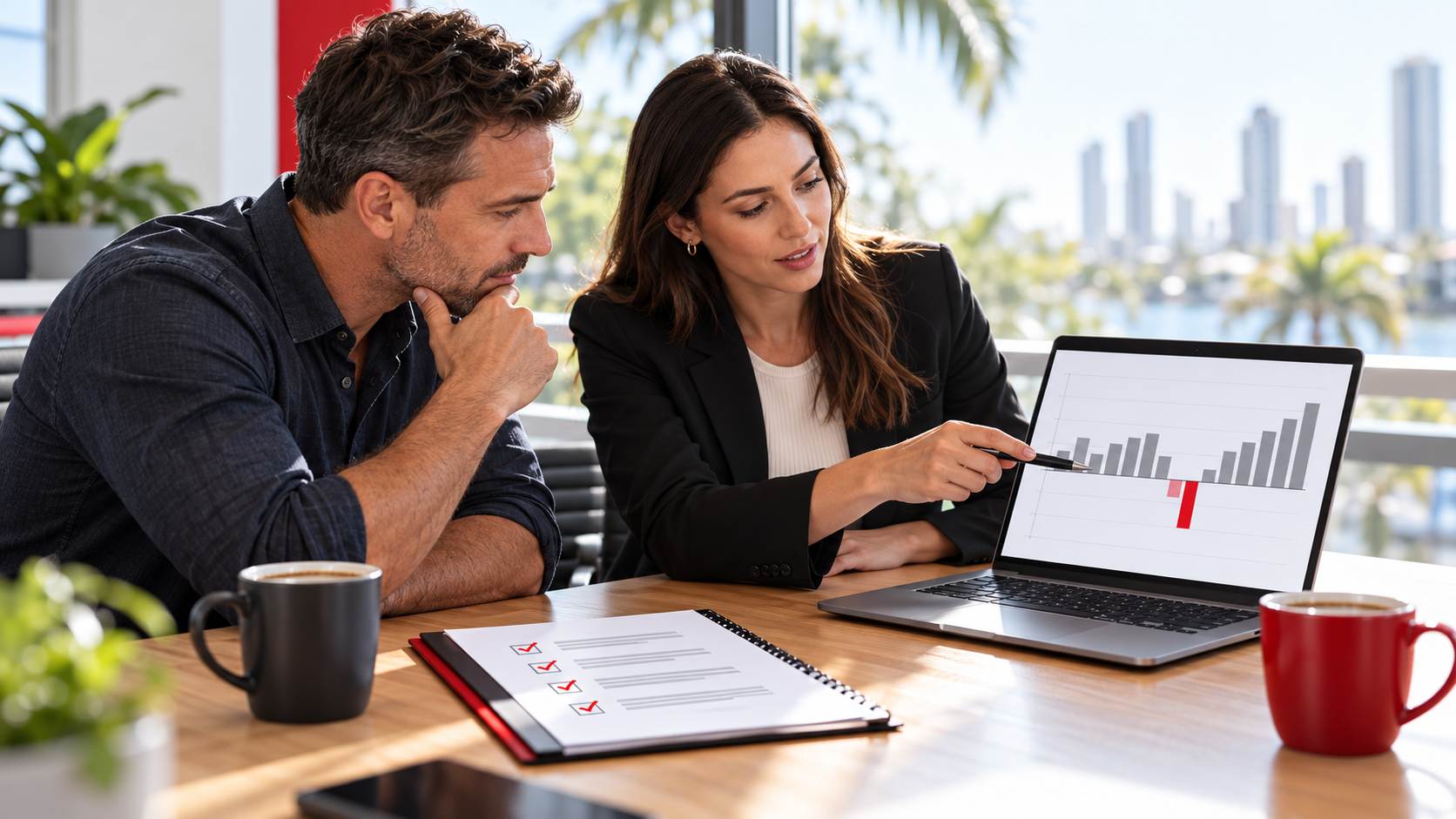 business owner and accountant reviewing a cash-flow forecast